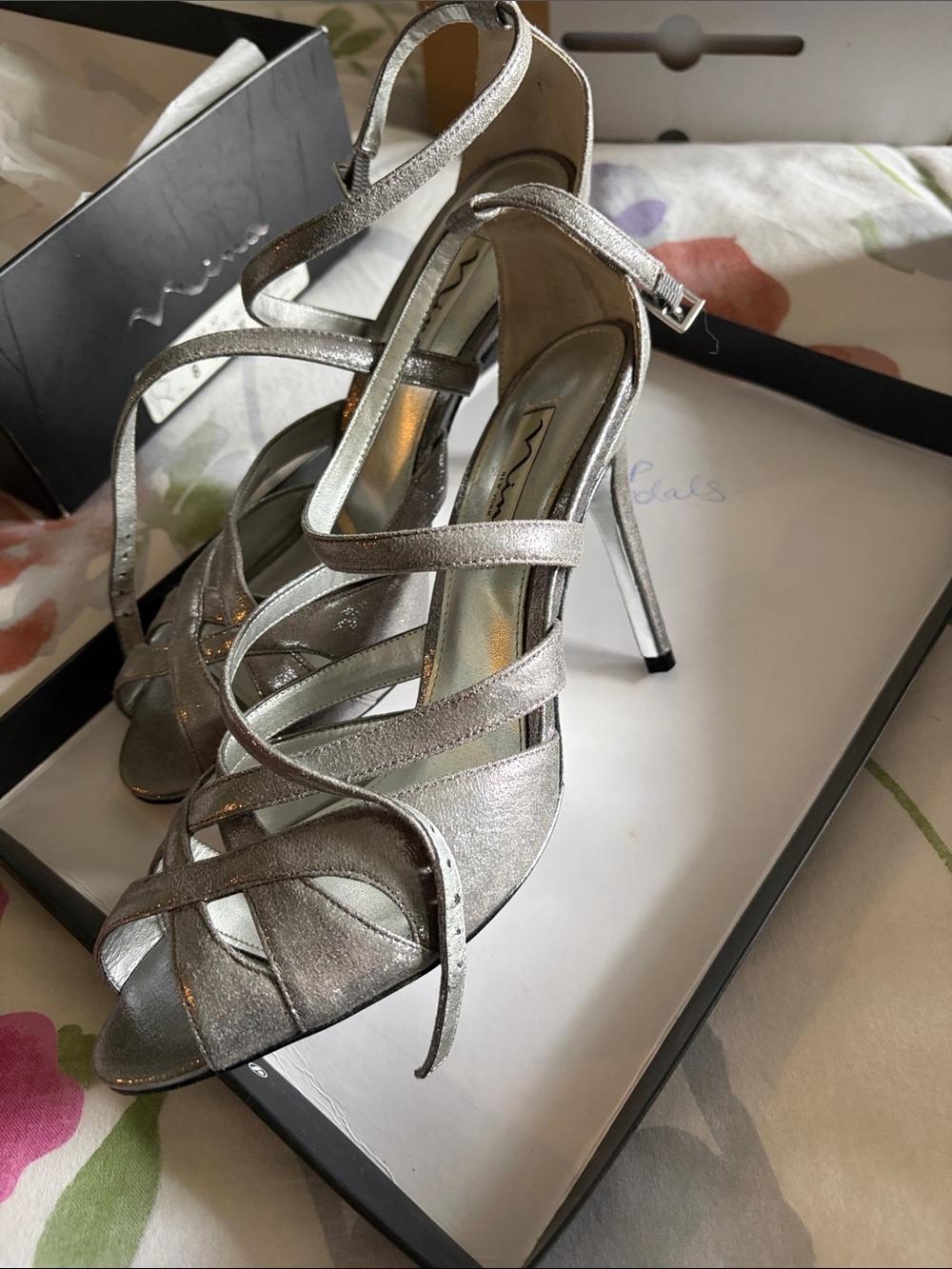 Nina Ricci Silver Metallic Strappy High Heel Sandals